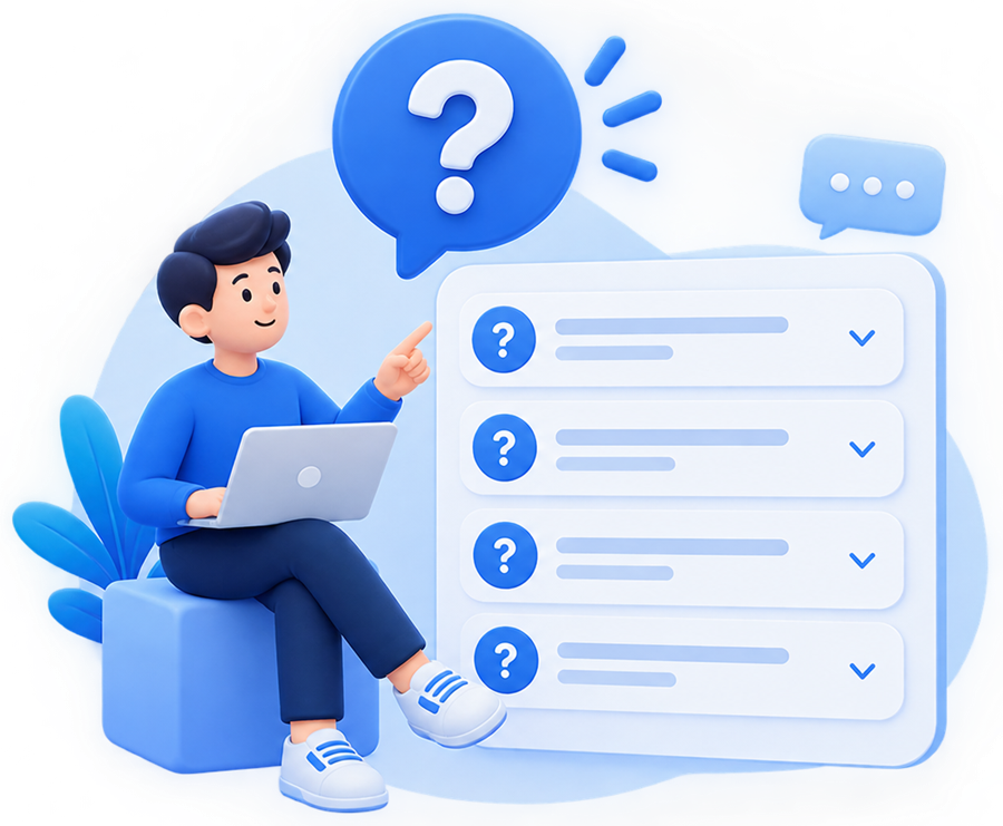 Illustration of a friendly support person with a laptop beside a list of frequently asked questions